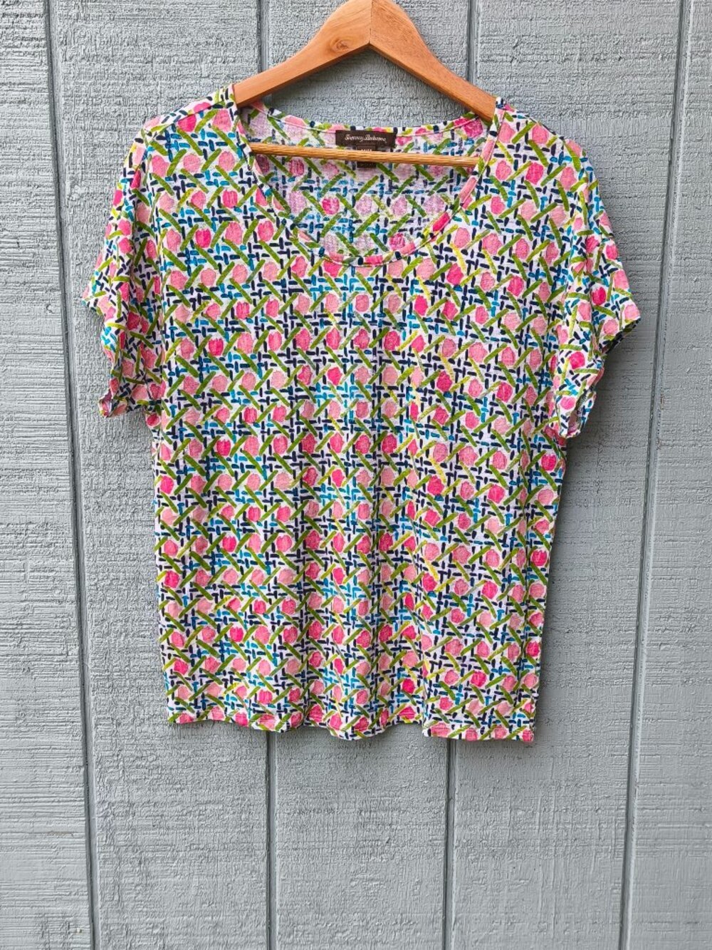 Tommy Bahama 100% Linen Boxy Fit Short Sleeve Floral Tee sz M Pink Blue
